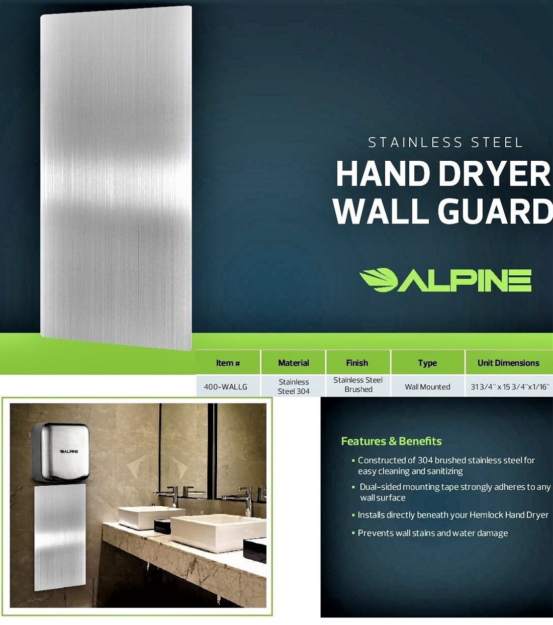 Alpine Industries Stainless Steel Wall Guard for Electric Hand Dryer